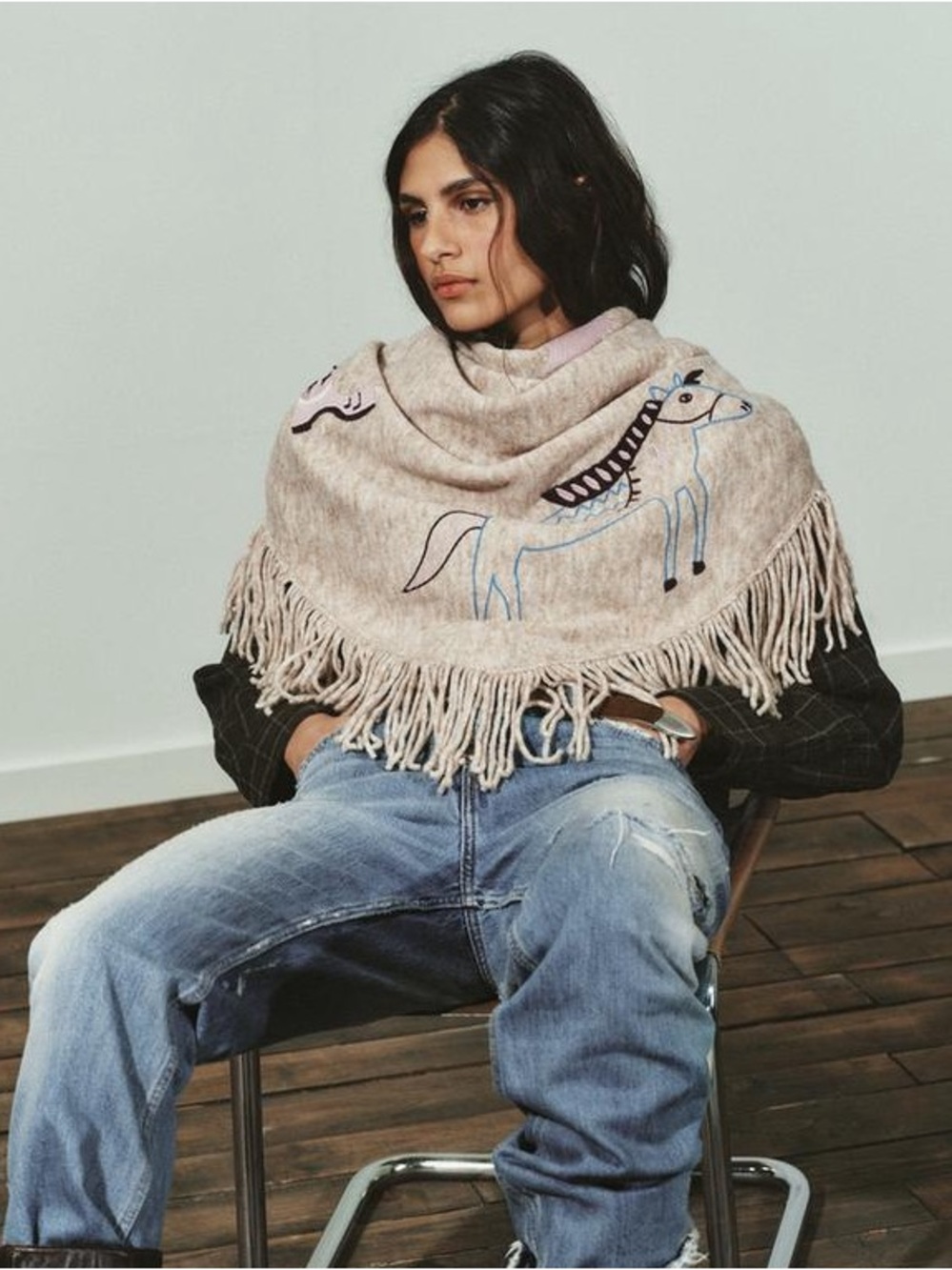NWT Zara Woman Accessories Bloggers Fav EMBROIDERED FRINGED SHAWL Horse Western - Picture 4 of 14
